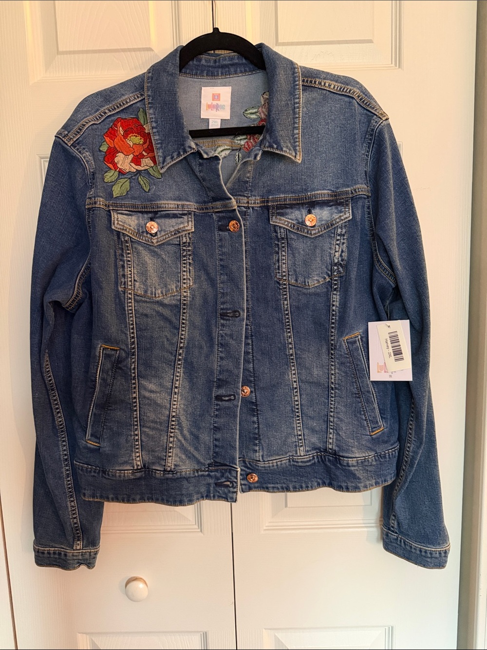 LuLaRoe Embroidered Denim Jacket in Blue with Red Floral Accent